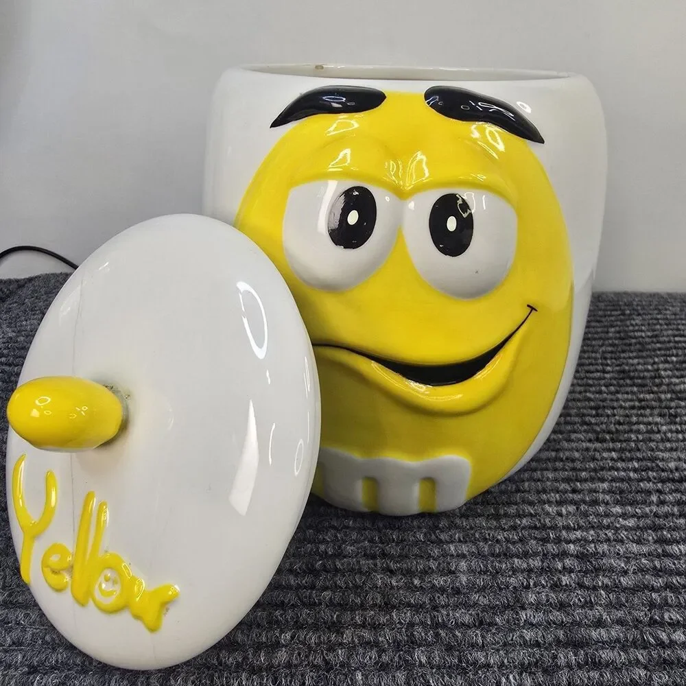 2003 Galerie Yellow M & M Ceramic Cookie Candy Jar Vintage Canister w/ Lid READ